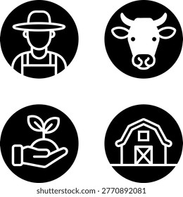 Set of four agricultural icons featuring farmer, cow, plant and barn in black and white style