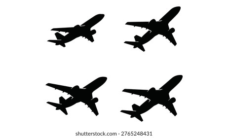 A set of four airplane silhouettes, showcasing different angles and perspectives in a simple, graphic style.