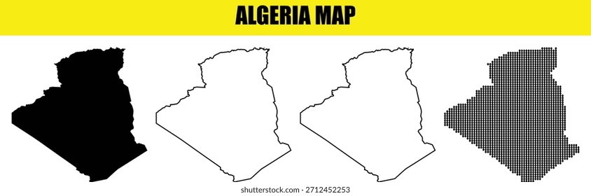 Conjunto de cuatro contornos de mapa de Argelia, negro sólido, contorno, contorno discontinuo y relleno con patrones
