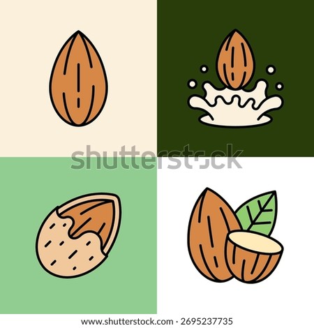 Set of Four Almond Icons Including Whole Almond Milk Splash Half Crack Shell Pair with Leaf