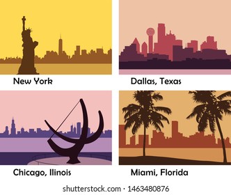 Set of four American skyline cities; Vintage vector skylines. Flat city icons of New York, Dallas, Chicago and Miami