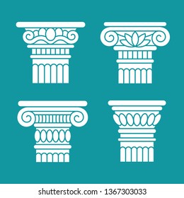 Set Of Four Ancient Greek, Roman Columns, Pillars, Orders, Capitals. Design, Decoration Elements.