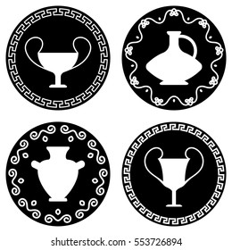 Set of four ancient logos with greek antiquity vases. Vector greek flat urns collection isolated on white background