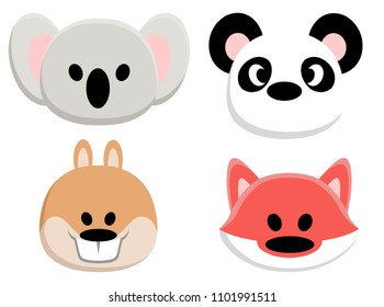 Set of four animal faces: koala bear, panda, squirrel and fox