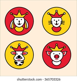 Set of four animal vector icons: dog, cat, cow and pig