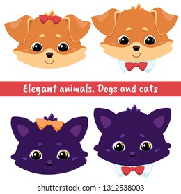 Set of four animals, a dog and a cat with different accessories - a bow on the head and a collar with a bow tie on the neck. Color image of a pets. Vector illustration for design.