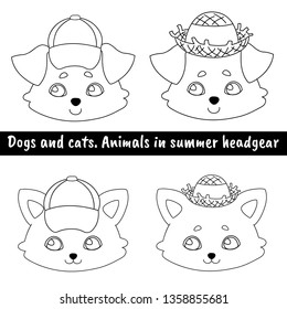 Set of four animals, a dog and a cat in a cap and a straw hat. Linear, black and white image of a pet. Vector illustration for design, print on t-shirt, bag, notebook, card.