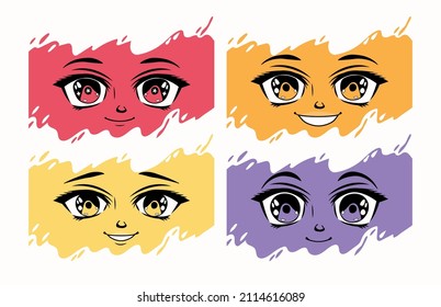 set of four anime emotions faces