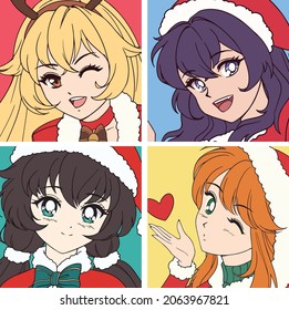 Set of four anime icons with girls wearing Christmas costume.