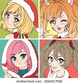 Set of four anime icons with girls wearing Christmas costume.