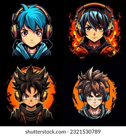 Set four anime style game avatar. Anime mascot sport logo design. Gamer head vector illustration logo. Emblem design for eSports team. Character for sport and gaming logo concept. Black background.