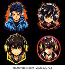 Set four anime style game avatar. Anime mascot sport logo design. Gamer head vector illustration logo. Emblem design for eSports team. Character for sport and gaming logo concept. Black background.