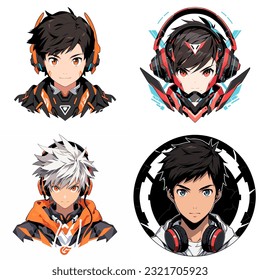 Set four anime style game avatar. Anime mascot sport logo design. Gamer head vector illustration logo. Emblem design for eSports team. Character for sport and gaming logo concept. White background.