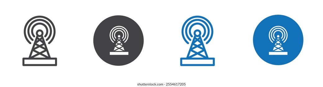 Set of four antenna icons in multiple editable styles with radiation