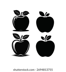 A set of four apple fruit illustrations. The images are black and white and isolated on a white background. Vector graphic design elements for your project.