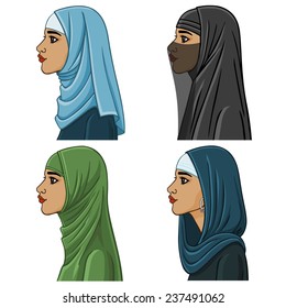 Set: four Arab girls in different traditional headdresses. isolated.