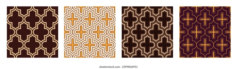 Set of four arabic geometric seamless patterns. Quatrefoil vector patterns. Lattice patterns. Oriental traditional patterns with repeated mosaic tiles