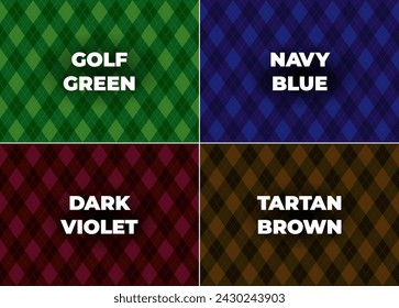 Conjunto de cuatro patrones de cuadros sin costuras tartán de argyle - color verde, azul, violeta y marrón. Ilustración vectorial.