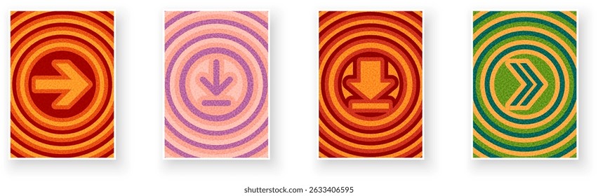 Set of four arrow icons in bold concentric wave patterns and vibrant color schemes. Vector illustration with retro flair.