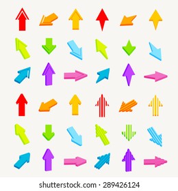 Set of four arrow shapes, each in nine dimensional foreshortenings, eps10 vector clip art, shading and color layers are separate, easy to edit