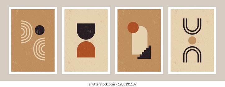 A set of four art print templates featuring abstract geometric shapes in light brown, beige, cream and black. Boho style printable art, trendy and stylish brochures, branding and packaging design.
