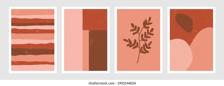 A set of four art print templates featuring different themes - stripes, geometric shapes, botanical, organic shapes. Modern style printable wall art, trendy and stylish brochures.