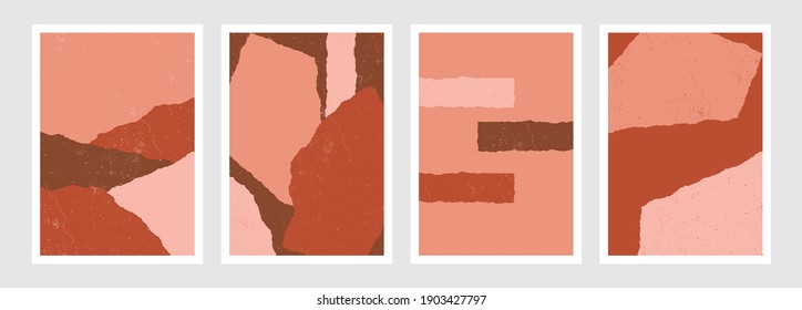 A set of four art print templates featuring torn paper shapes in pink, brown and red. Contemporary style printable wall art, trendy and stylish brochures, minimalist branding and packaging design.