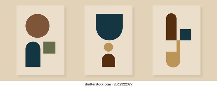 A set of four art print templates featuring abstract geometric shapes in light brown, beige, cream and black. Boho style printable art, trendy and stylish brochures, branding and packaging design.