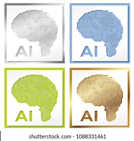 Set of four artificial Intelligence concept, vector illustration. 