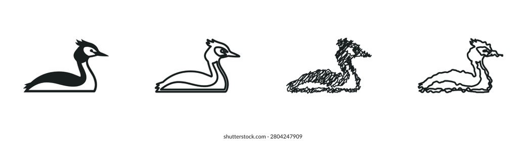 A set of four artistic interpretations of a great crested grebe, ranging from a bold silhouette to a sketchy outline, showcasing different styles
