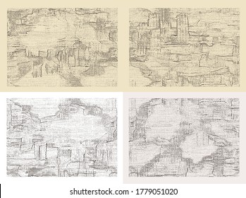 Set of four artistic paintings. Vector textures, irregular paint strokes on canvas. Oil abstract grungy backgrounds, light hand drawn monochrome pattern
