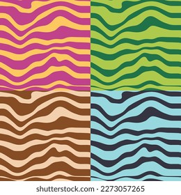 A set of four artistic patterns in a psychedelic style with Optical Illusion Effect. Fluid Stripes. Waves, colored streaks. Pink, Blue, Green. for textiles, fashion, wallpaper, wrapping paper.