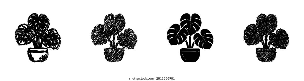 A set of four artistic representations of a potted Monstera deliciosa plant, varying in texture and style