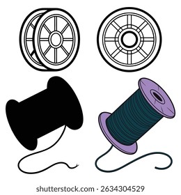 Conjunto de quatro desenhos de carretel artístico com ilustrações em preto e branco e um vetor colorido