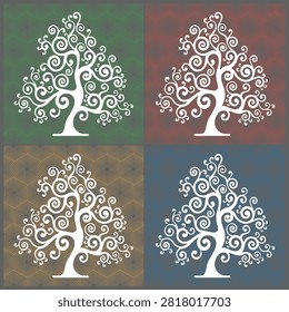 Set of Four Artistic White Swirl Trees with Hexagonal Backgrounds. This artistic set features four stylized trees with elegant swirling branches in a pop-art style. Each tree—colored in blue, maroon, yellow, and white—is placed against a unique contrasting hexagonal linear grid background. The fusion of organic spiral shapes and structured geometric honeycomb patterns creates a striking visual impact. Ideal for modern wall art, seasonal branding, creative greeting cards, and digital wallpapers.