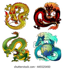 Set of four Asian east dragons of different flowers and elements on the Chinese horoscope. Cunning yellow earth monster. Furious red fiery pangolin. Evil green wood dragon. Blue water spirit. Vector