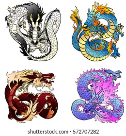 Set of four Asian east dragons of different colors and elements on the Chinese horoscope. Flying white metal monster. Cheerful blue water pangolin. Strong brown earth and playful violet spirits.