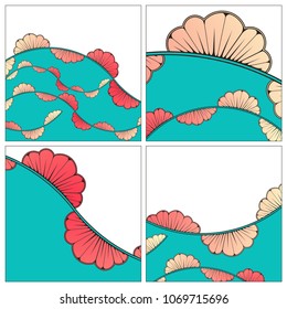 a set of four asian style card background with leaves waves in blue