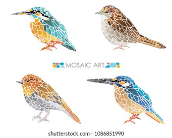 Set of four assorted mosaic little birds, vector illustration.