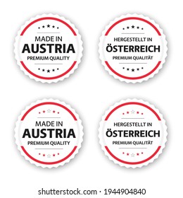 Set of four Austrian labels. Made in Austria In German Hergestellt in Österreich. Premium quality stickers and symbols with stars. Simple vector illustration isolated on white background