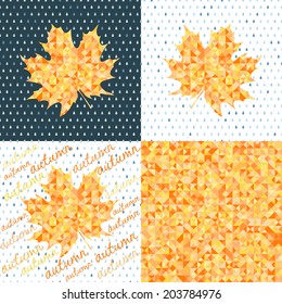Set of four autumn backgrounds.  Abstract geometric backgrounds with maple leaves and rain drops.