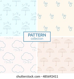 Set of four autumn color simple minimal patterns with umbrellas, clouds and raindrops. Vector backgrounds.