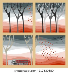 Set of four autumn illustrations - trees, falling leaves and birds fly to warmer climes