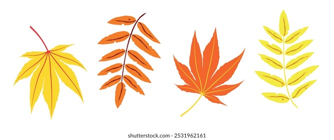 A set of four autumn leaves in a minimalist vector style. The illustration features vibrant orange and yellow leaves, each with unique shapes and details.