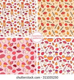 set of four autumn seamless pattern with leaf, mushroom, umbrella, bird, cat in a coat. Can be used to design for website background, textile printing, wallpaper. Vector hand drawn illustration