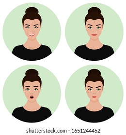 A set of four avatars with different emotions. Girl with dark brown hair gathered in a bun. Joy, happiness, anger, anger, surprise.