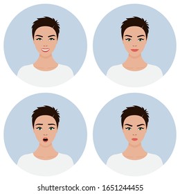 A set of four avatars with different emotions. Girl with dark brown short hair. Joy, happiness, anger, anger, surprise.