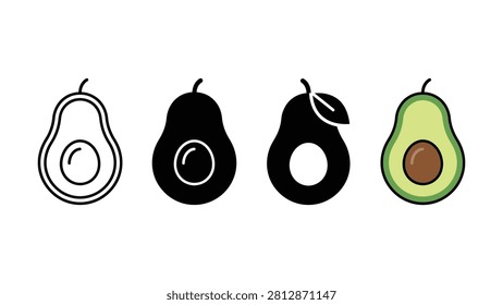 Set of four avocado icons featuring different styles including outline flatblack and colored vector illustrations