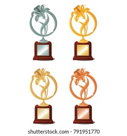 Set of four awards for winning the contest or competition isolated on white background. Award form of flower on pedestal with sign plate with space for your text. Vector cartoon close-up illustration.