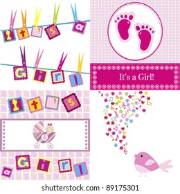 Set of four baby girl announcement cards